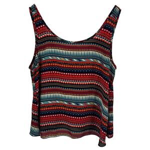 Living Doll LA Tank Womens LARGE Aztec Bow Open Back Colorful Festival EUC